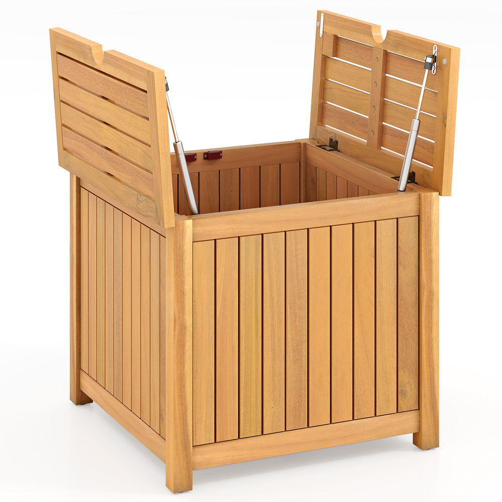 Square acacia wood outdoor side table with slatted design and openable top for convenient storage access.