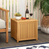 Square acacia wood outdoor side table with slatted design, featuring storage and an umbrella hole for versatile use.