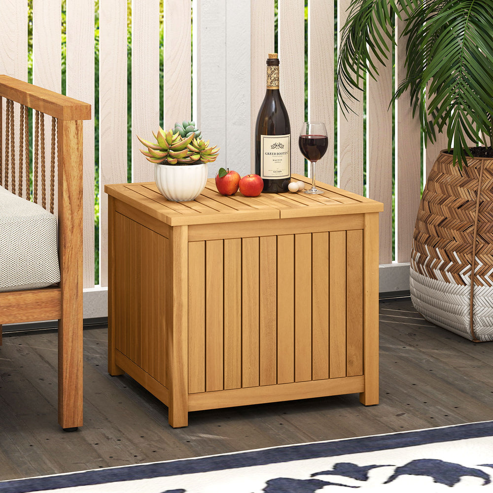 2-in-1 Outdoor Side Table with Storage Acacia Wood Slatted Coffee Table Square Slatted End Storage Box - Gallery View 1 of 10