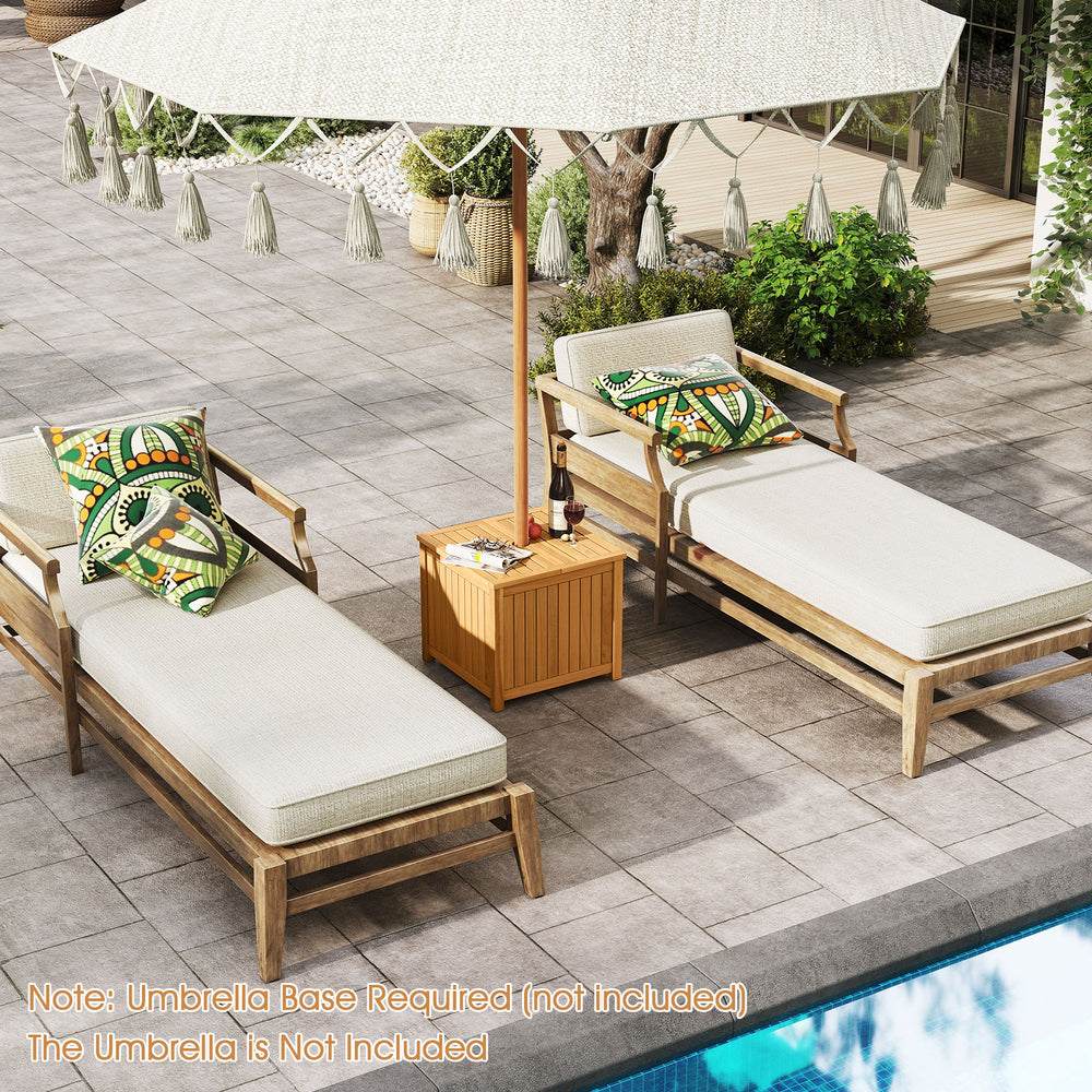 Square acacia wood side table with storage, featuring a slatted design and umbrella hole, perfect for outdoor use.