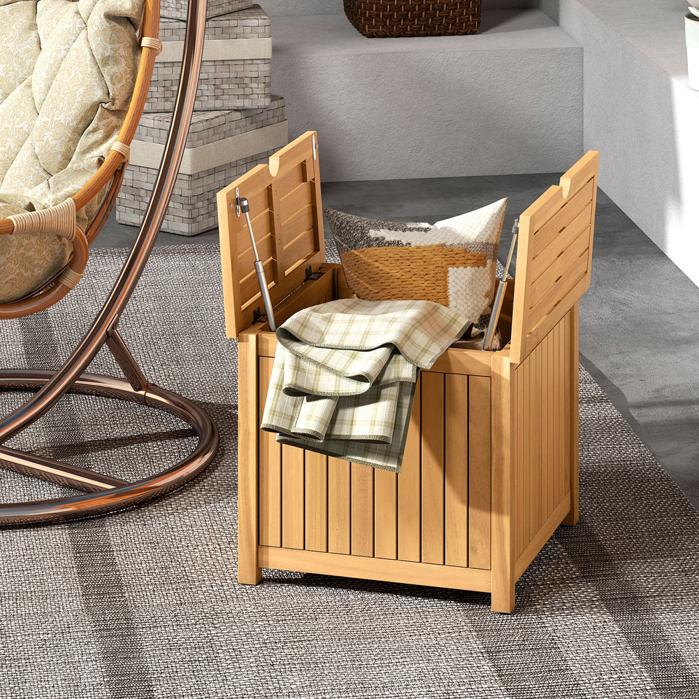 Square acacia wood side table with storage, featuring slatted design and openable top for easy access, ideal for.