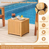 Square acacia wood side table with slatted design, featuring storage and umbrella hole, ideal for outdoor use.