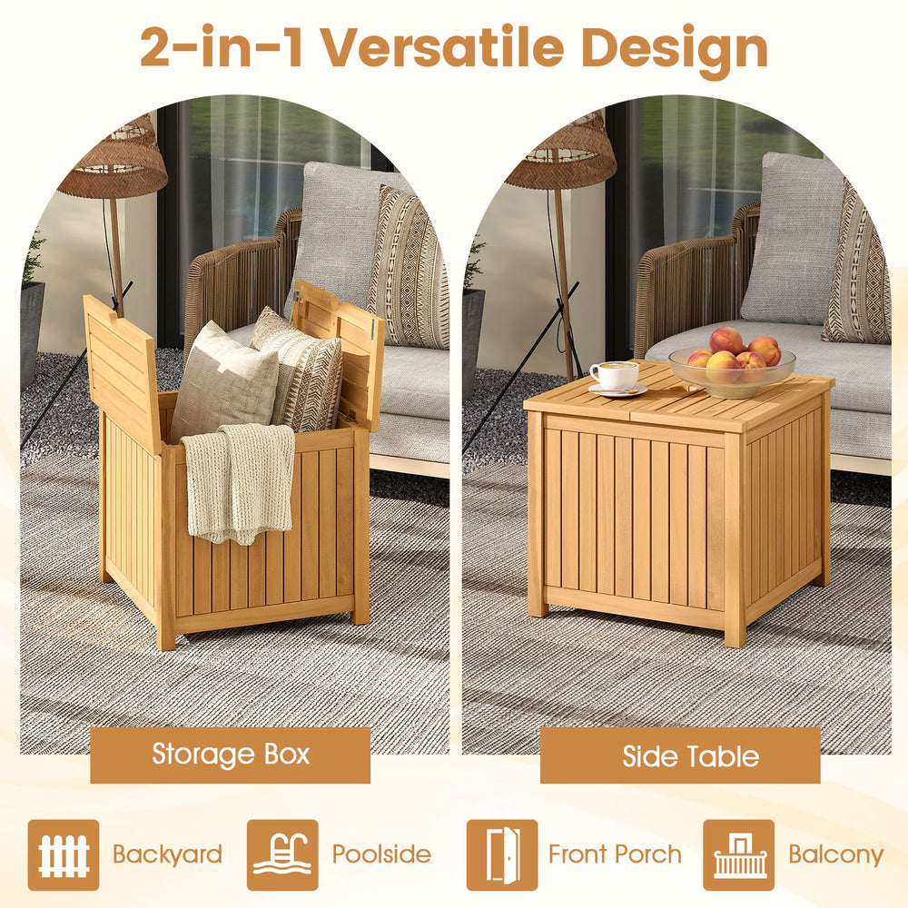 2-in-1 outdoor side table and storage box made of acacia wood, featuring a slatted design for backyard or poolside use.