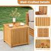Square acacia wood side table with slatted design and gas-strut tabletop for storage, ideal for outdoor use.