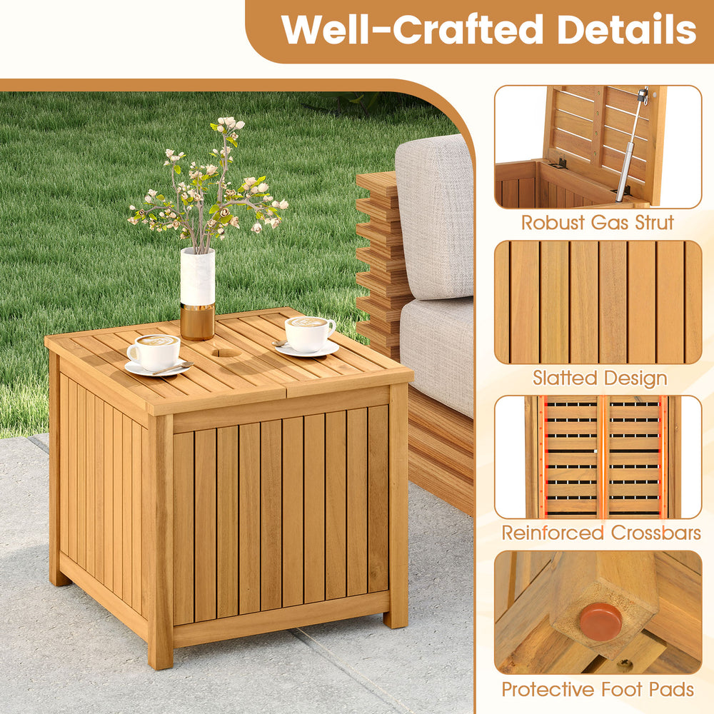 Square acacia wood side table with slatted design and gas-strut tabletop for storage, ideal for outdoor use.