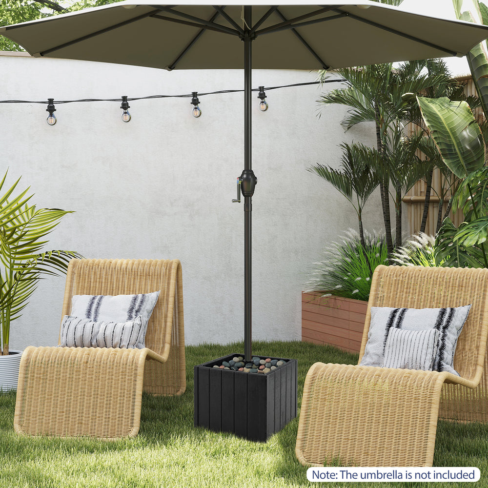 Square black umbrella base planter with simulated wood grain, designed for 6-10 ft patio umbrellas, featuring rolling.