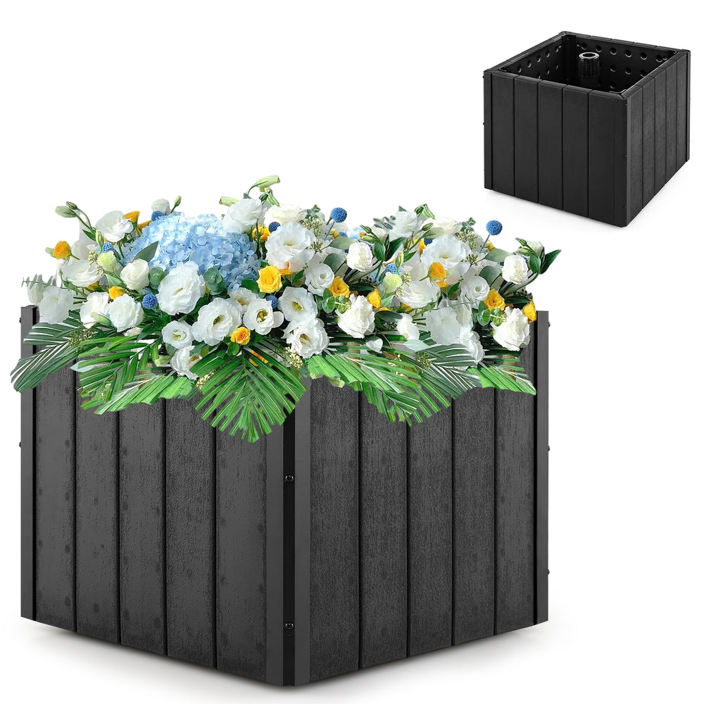 Square black umbrella base planter with flowers, made of crack-resistant HDPE, suitable for 6-10 ft patio umbrellas.