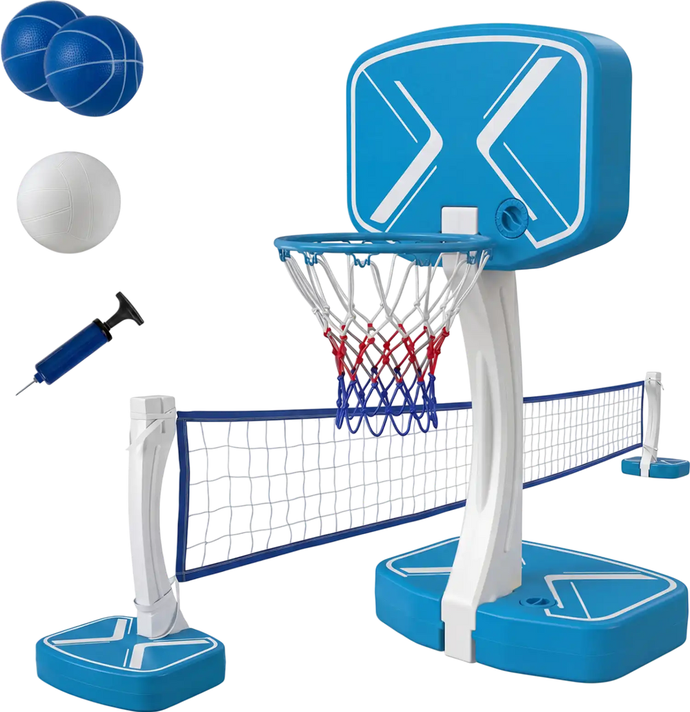 2-in-1 Pool Basketball Hoop and Pool Volleyball Net with Weighted Base