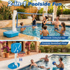 2-in-1 poolside basketball hoop and volleyball net set with weighted base, includes 2 basketballs and 1 volleyball.