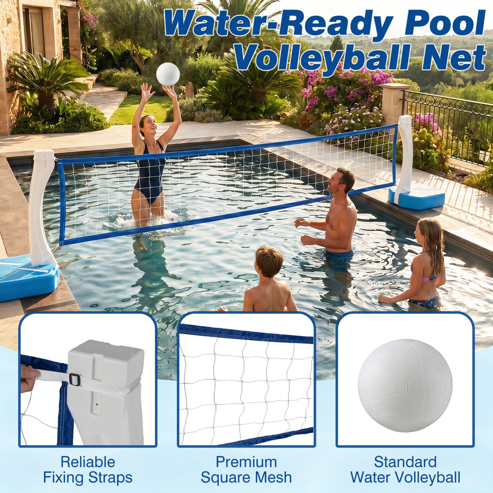 Water-ready volleyball net with reliable fixing straps and premium mesh, perfect for poolside family fun.