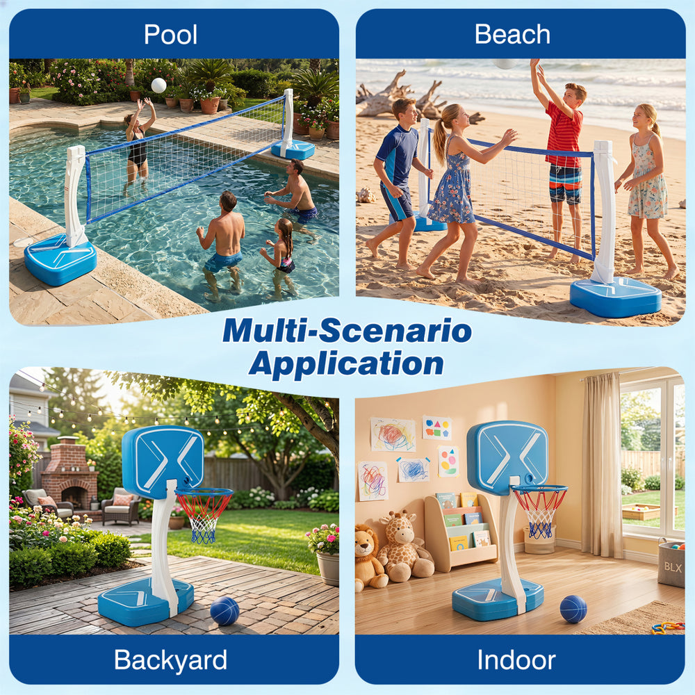 2-in-1 pool basketball hoop and volleyball net set with weighted base, ideal for poolside, beach, or backyard fun.