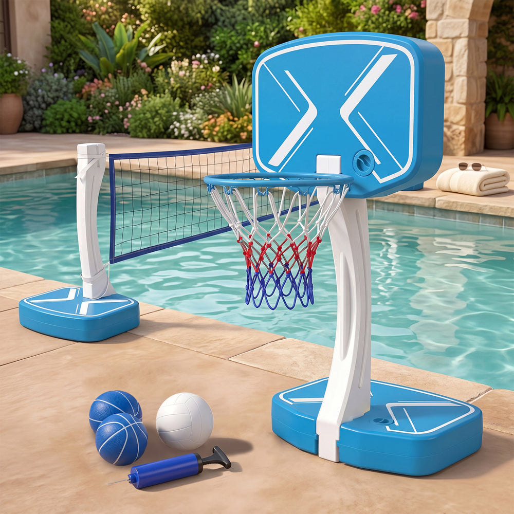 Lightweight 2-in-1 pool basketball hoop and volleyball net set features a heavy-duty base for stability during active play.