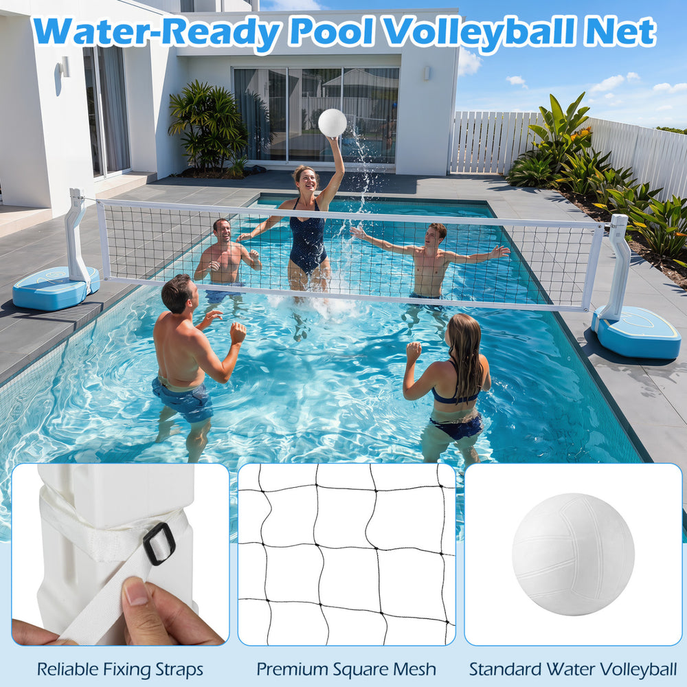 Water-ready volleyball net with reliable fixing straps, designed for poolside fun and stability during active play.