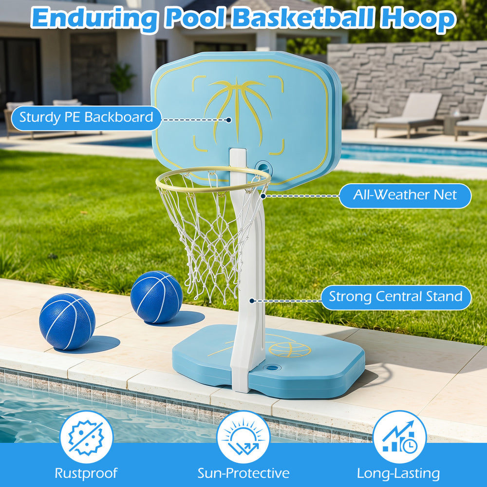 2-in-1 pool basketball hoop and volleyball net with sturdy PE backboard, ideal for outdoor family fun by the pool.