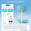 2-in-1 pool basketball hoop and volleyball net set with weighted base, includes 2 basketballs, 1 volleyball, and air pump.