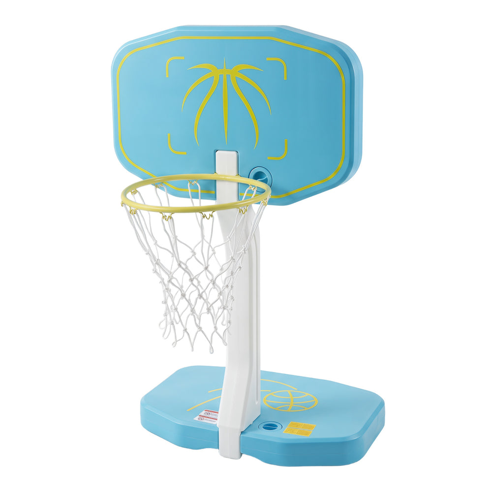 Colorful 2-in-1 pool basketball hoop with weighted base, includes 2 basketballs and volleyball for outdoor family fun.