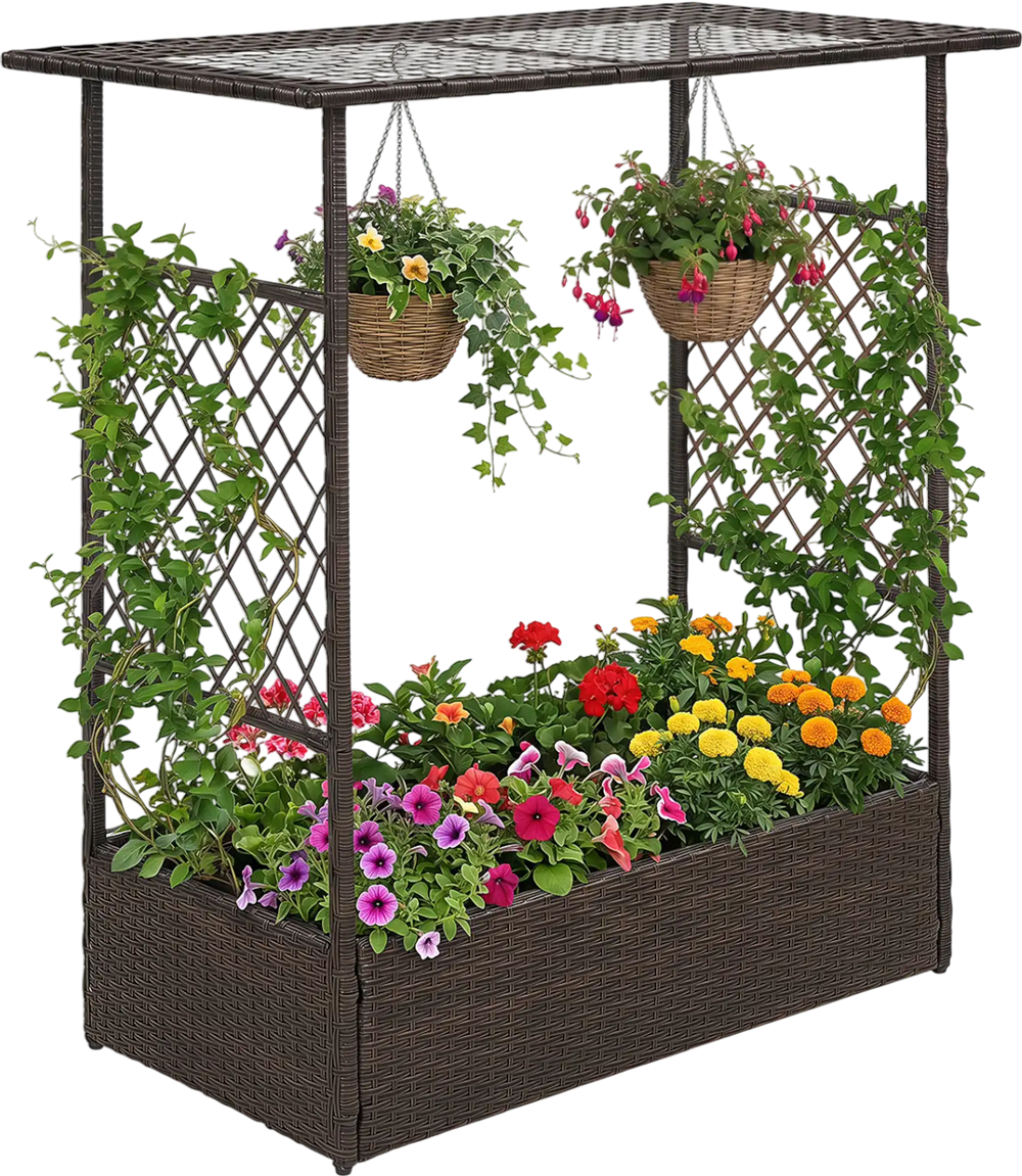 Elevated planter box with hanging roof and trellises, made of durable PE rattan, ideal for flowers and vegetables outdoors.