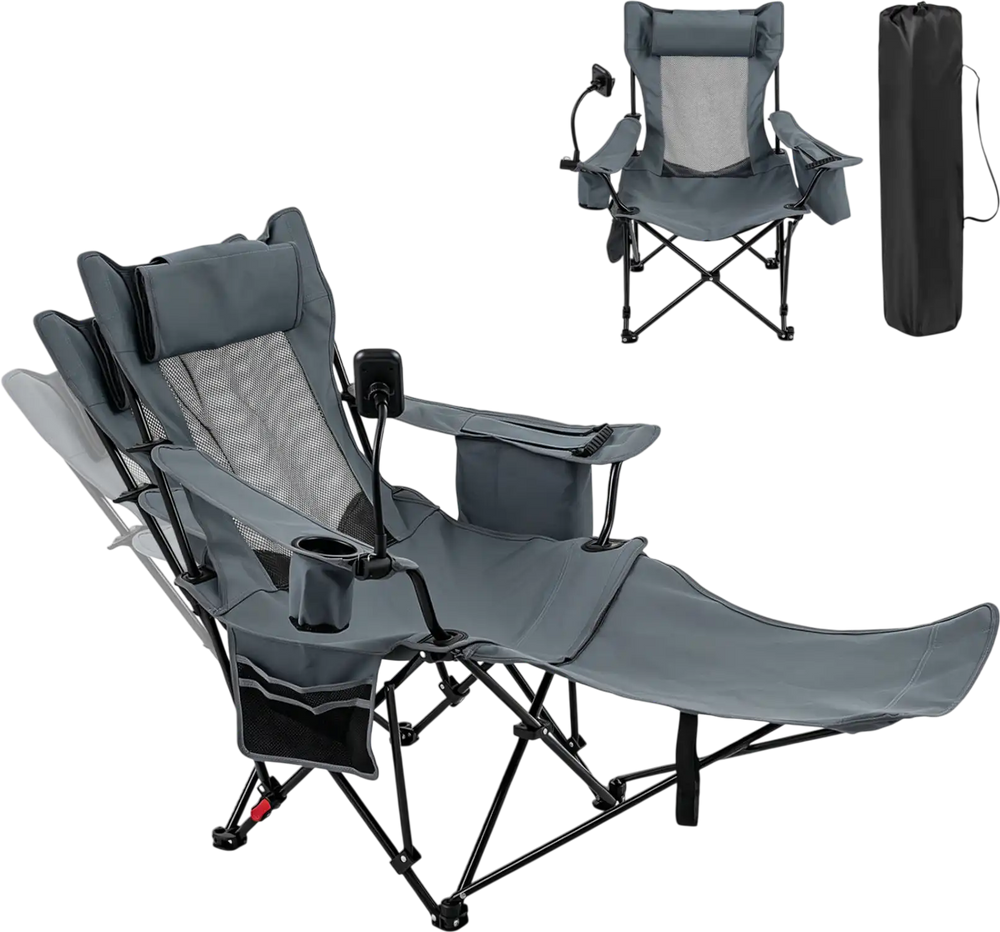 Reclining camping chair in gray features a detachable footrest, adjustable backrest, and breathable mesh for comfort.