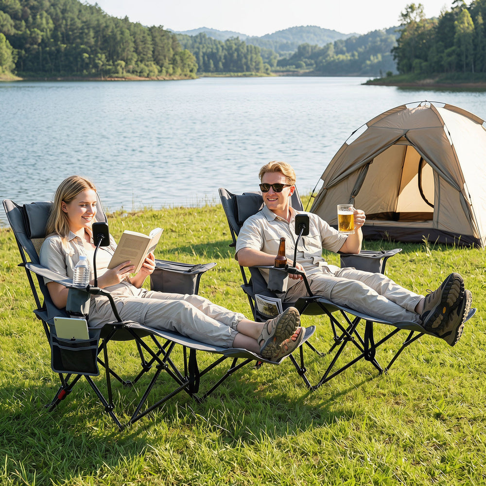 2-in-1 Reclining Camping Chair with 3-Level Adjustable Backrest-Gray - Gallery View 1 of 10