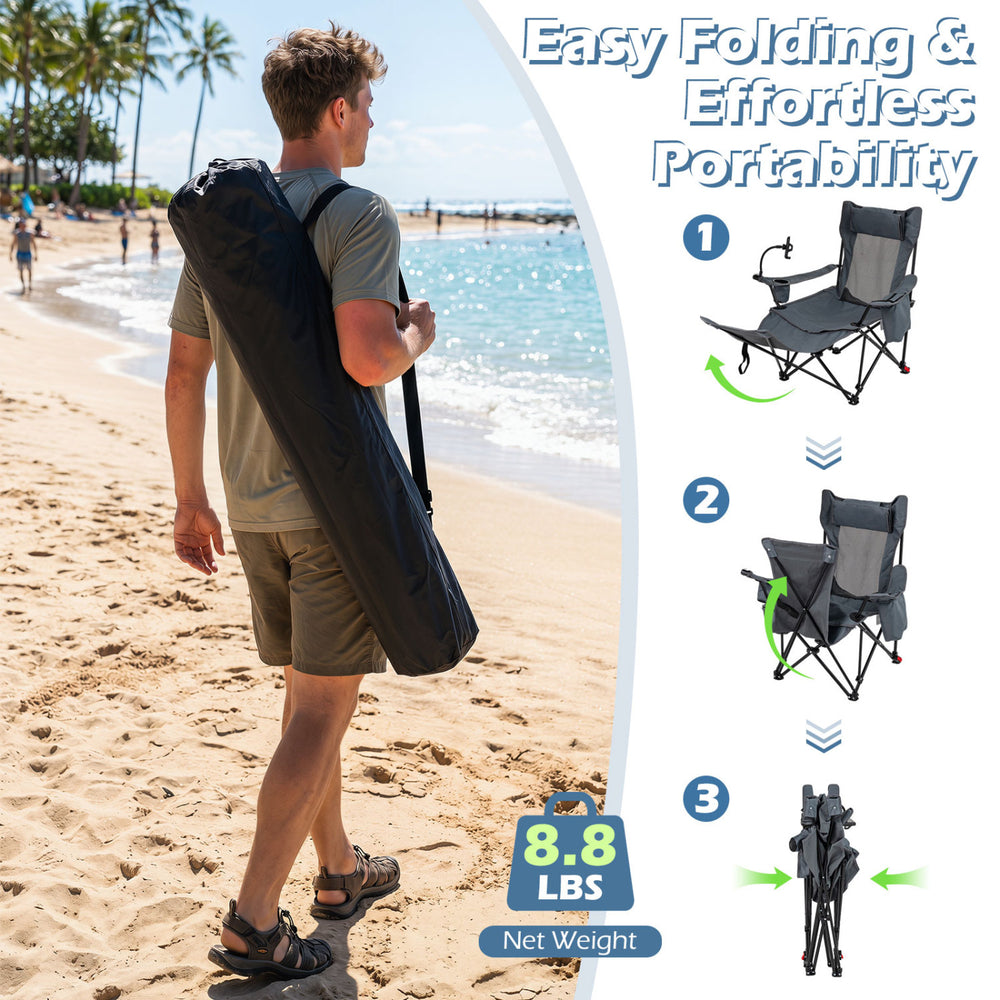 2-in-1 gray reclining camping chair with adjustable backrest, detachable footrest, and lightweight design for easy portability.