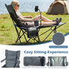 Reclining camping chair in gray with detachable footrest, adjustable backrest, and breathable mesh backrest for comfort.