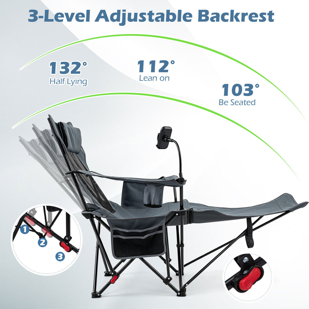 Reclining camping chair in gray with 3-level adjustable backrest, detachable footrest, and built-in cup holder for convenience.