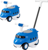 Blue bullet train-inspired 2-in-1 ride-on push car for toddlers with under-seat storage and detachable push handle.
