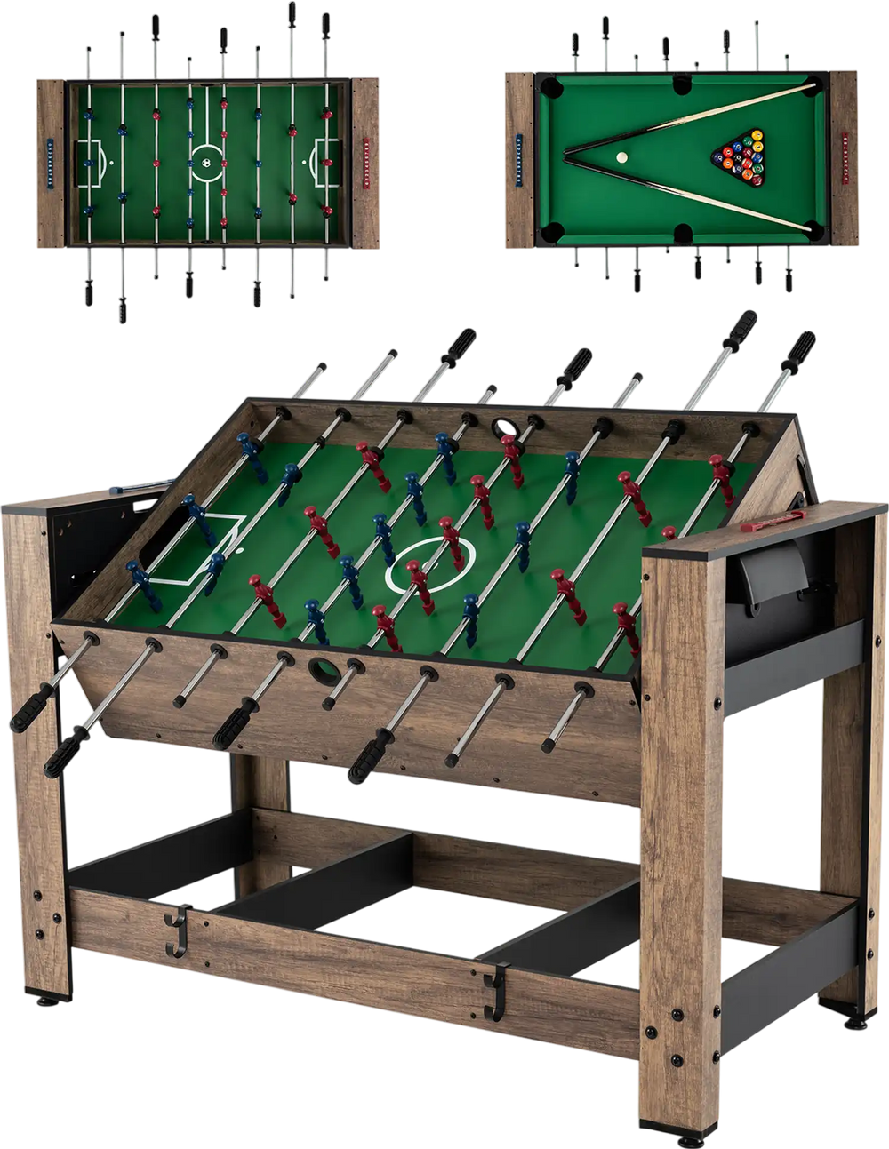 2-in-1 swivel foosball and pool combo game table with electroplated rods, sturdy legs, ideal for game rooms and parties.