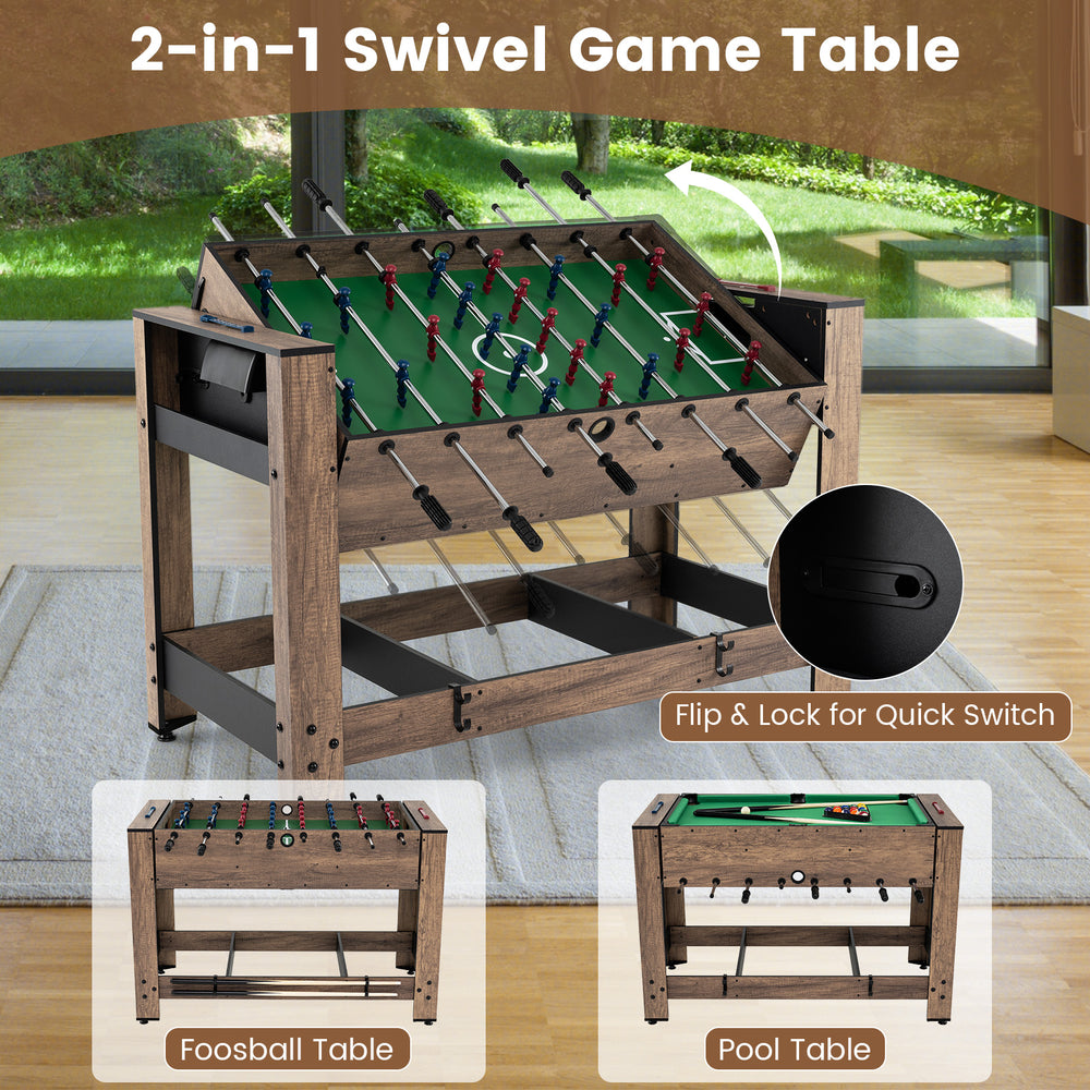 2-in-1 swivel game table featuring foosball and pool options, with sturdy design and adjustable leg levelers for.
