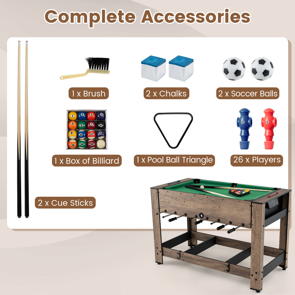 2-in-1 swivel foosball and pool combo game table with accessories, perfect for game rooms and family fun.