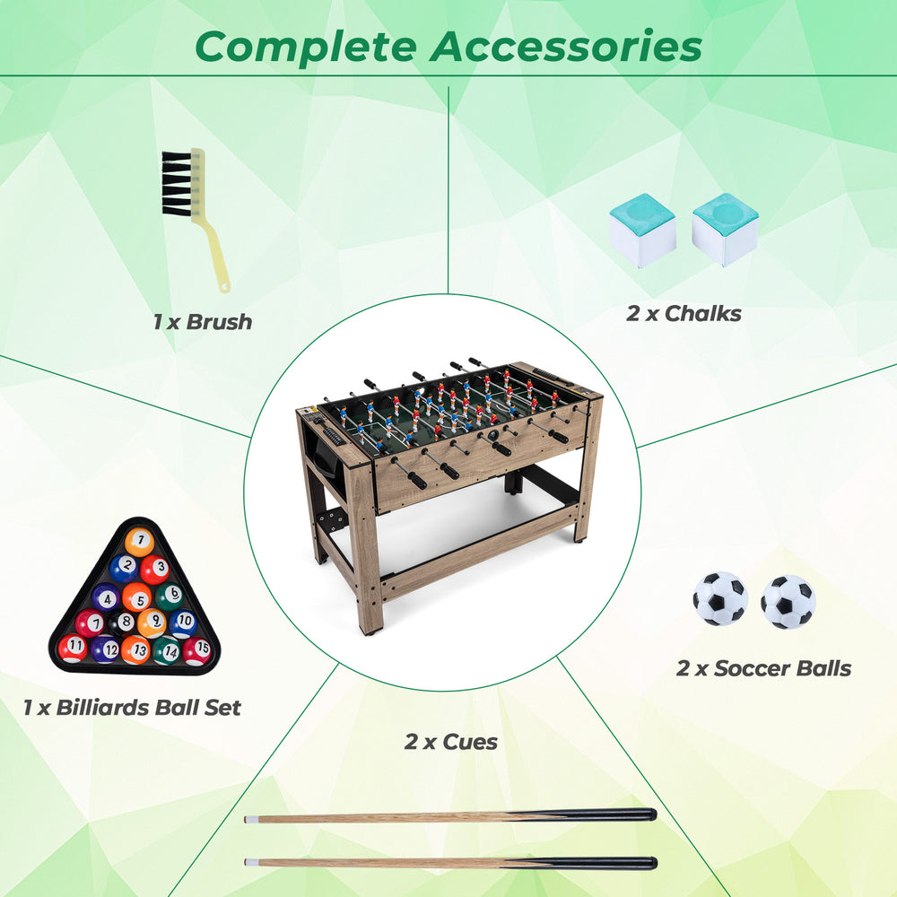 2-in-1 swivel game table in brown with foosball and pool accessories, designed for 2-4 players, featuring sturdy legs.
