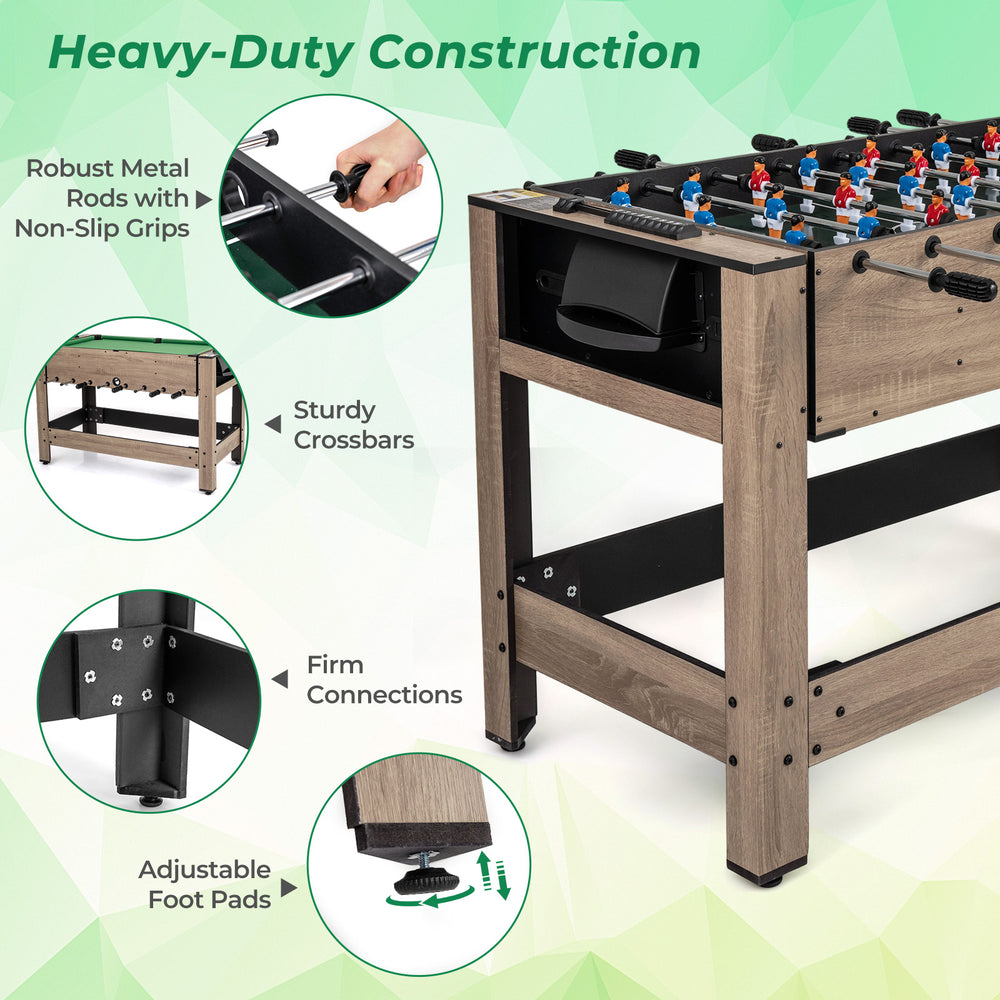 Swivel game table with robust metal rods, sturdy crossbars, and adjustable foot pads for balanced gameplay.