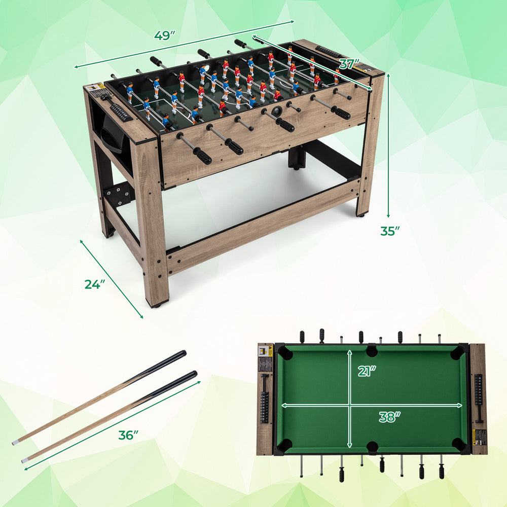 2-in-1 swivel game table in brown with foosball and pool features, designed for 2-4 players, measuring 49"x31"x24".