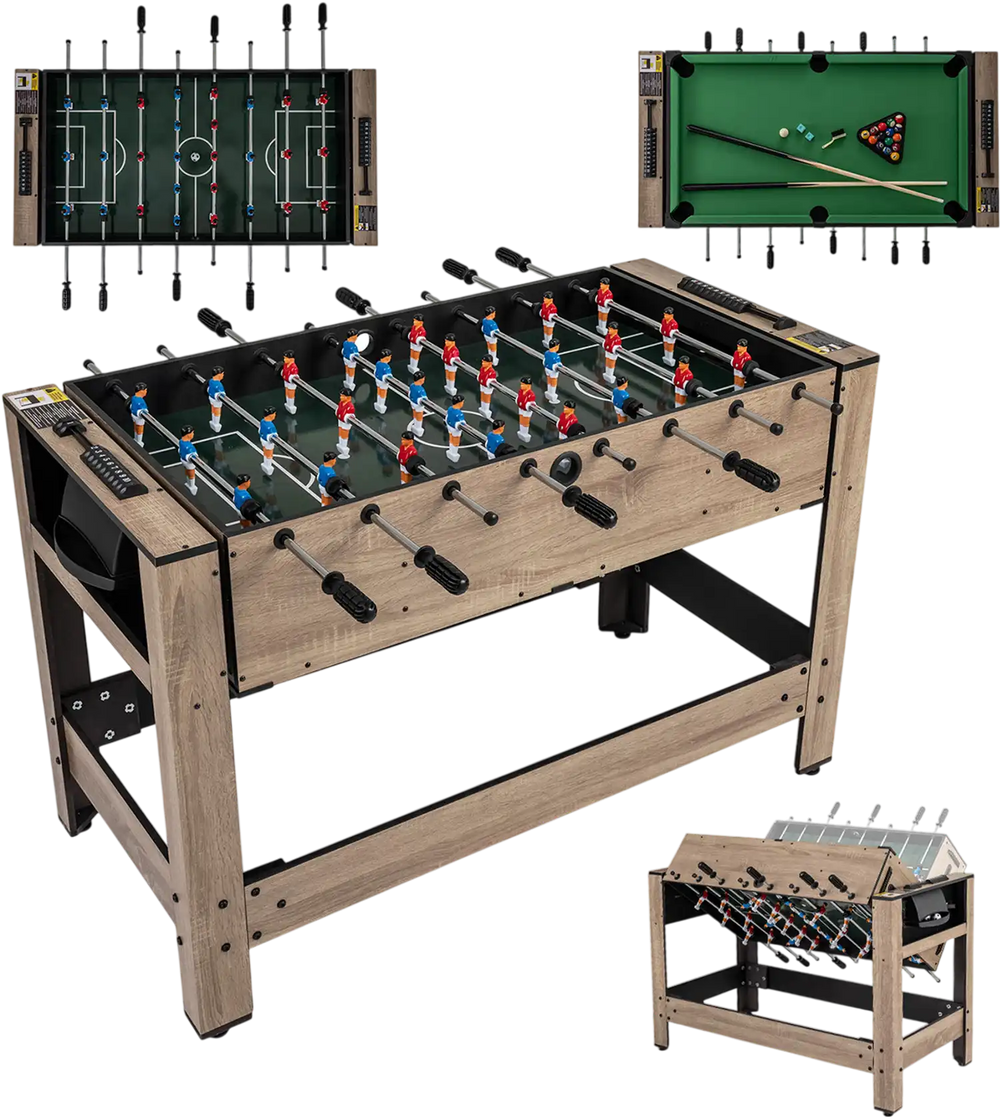 2-in-1 swivel game table in brown, featuring foosball and pool options, designed for 2-4 players with sturdy.