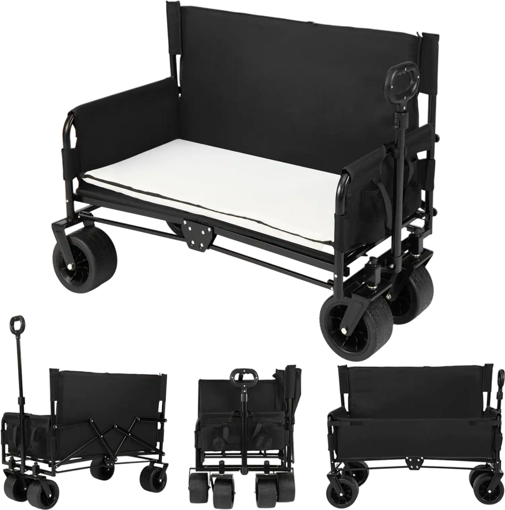 Collapsible 2-in-1 wagon bench seat combo in black with comfortable cushions, adjustable handle, and durable wheels for.