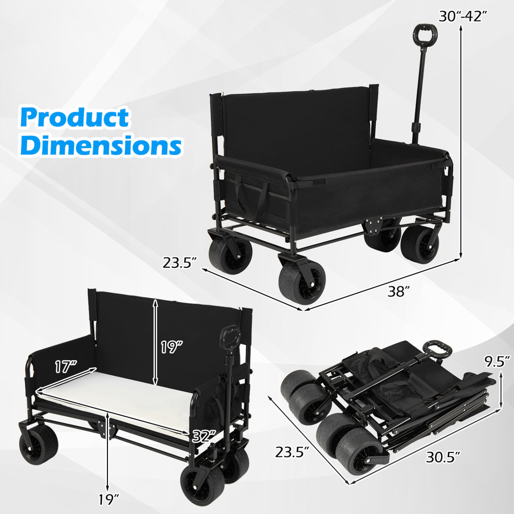 Collapsible black beach cart with bench seat, adjustable handle, and puncture-proof wheels for versatile outdoor use.