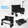 Collapsible black beach cart with bench seat, adjustable handle, and puncture-proof wheels for versatile outdoor use.