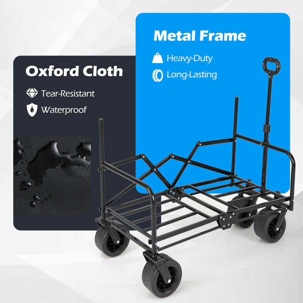 Collapsible beach cart with a metal frame and waterproof Oxford cloth, designed for versatility and easy transport.