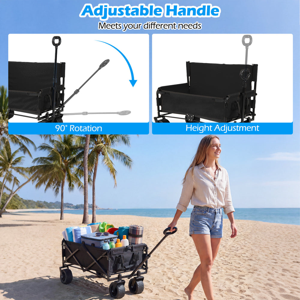 Collapsible black beach cart with adjustable handle, convertible to bench, featuring waterproof fabric and.