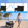 Collapsible black beach cart with adjustable handle, convertible to bench, featuring waterproof fabric and.