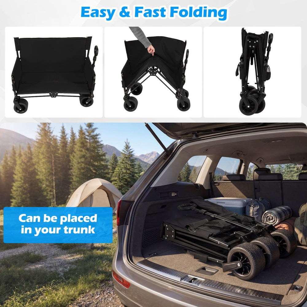 Collapsible black beach cart with wheels, showcasing easy folding for convenient trunk storage and transport.