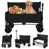 Collapsible black beach cart with a dog and groceries, convertible to a bench, featuring comfortable cushions and.