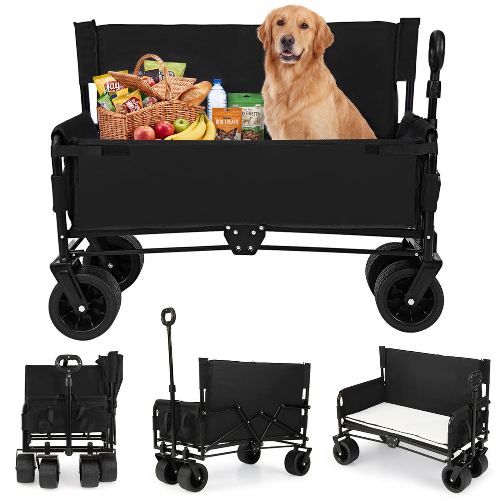 Collapsible black beach cart with a dog and groceries, convertible to a bench, featuring comfortable cushions and.