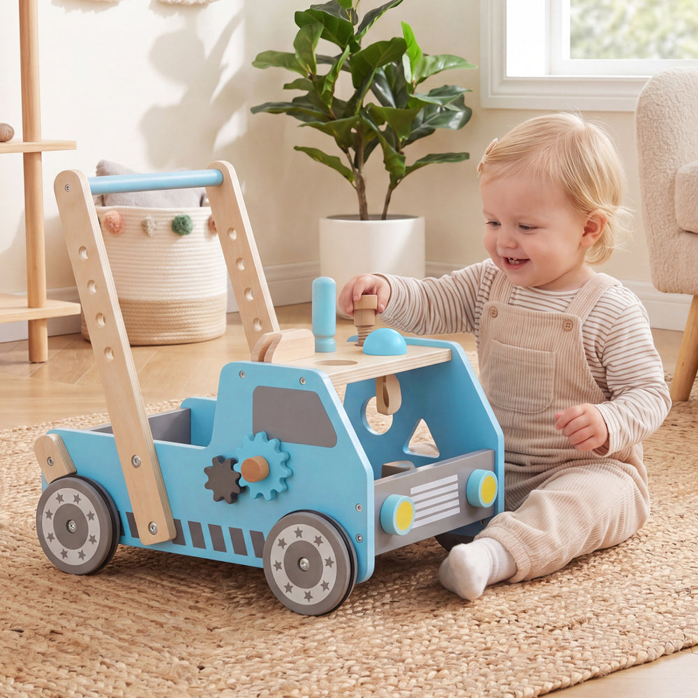 2-in-1 Wooden Baby Walker with Adjustable Speed and Bottom Storage-Blue - Gallery View 1 of 10