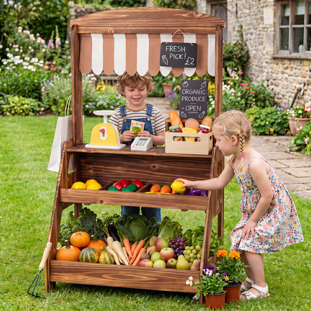 2-in-1 Wooden Mud Kitchen and Market Stand for Kids Outdoor with Planter Box and 2 Chalkboards-Brown - Gallery View 1 of 12
