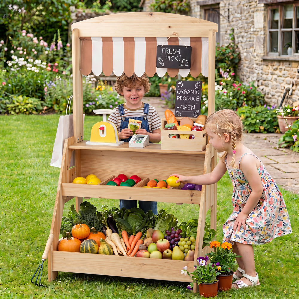 2-in-1 Wooden Mud Kitchen and Market Stand for Kids Outdoor with Planter Box and 2 Chalkboards-Natrual - Gallery View 1 of 12
