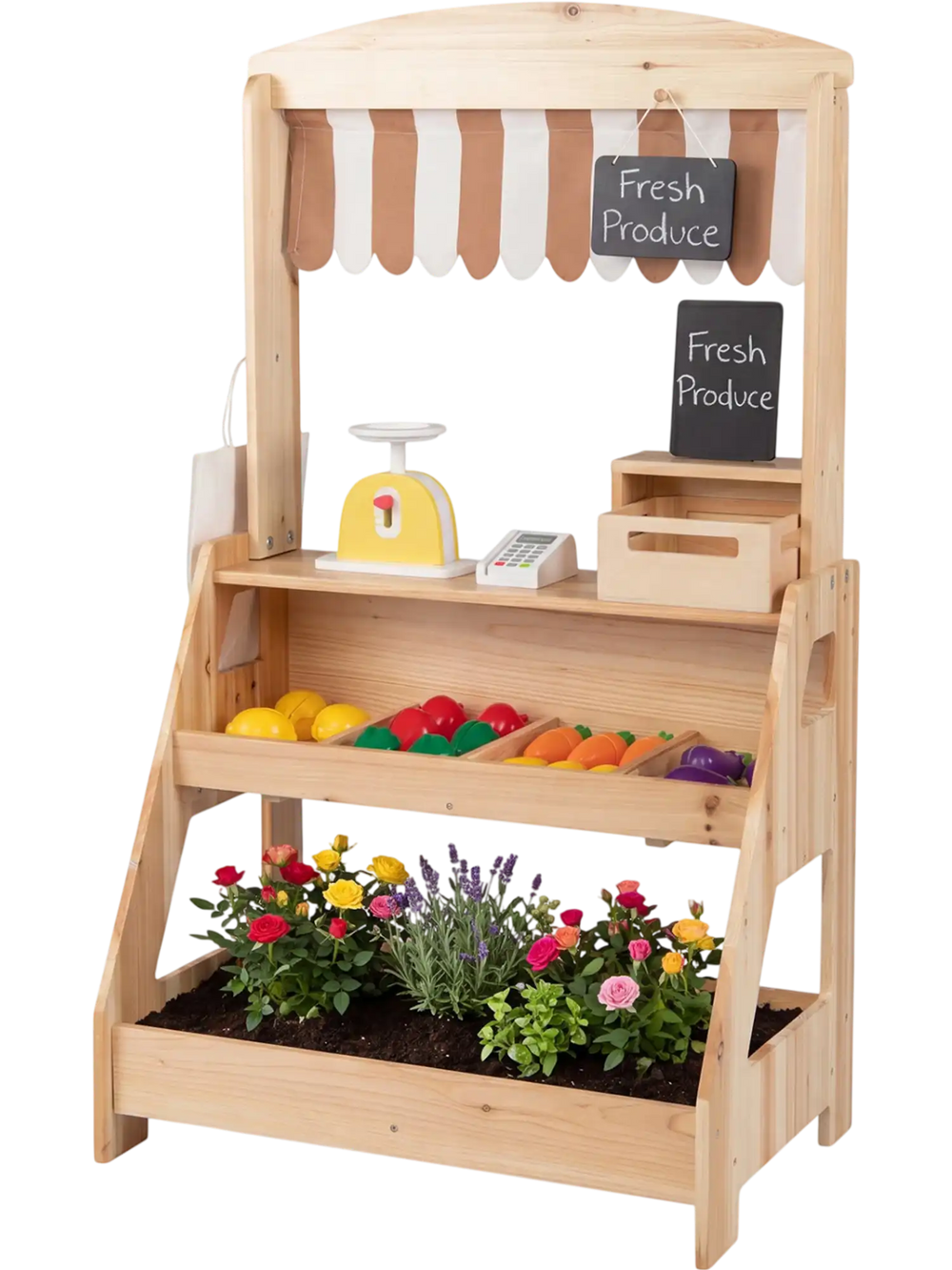 Wooden market stand for kids featuring a planter box, chalkboards, and storage, perfect for outdoor pretend play.