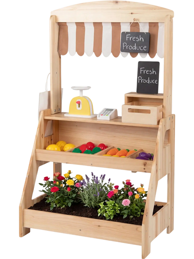 Costway 2-in-1 Wooden Kids Outdoor Mud Kitchen Market Stand w/ Planter Box & 2 Chalkboards 11592340 New