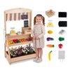 Wooden 2-in-1 market stand with planter box, accessories, and chalkboards for kids' outdoor pretend play.