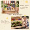 2-in-1 wooden mud kitchen and market stand for kids featuring a planter box, chalkboards, and 25 simulation accessories.